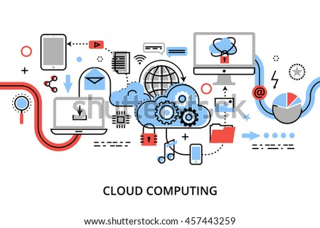 Modern flat thin line design vector illustration, concept of cloud computing technologies, protect computer networks and remote data storage, for graphic and web design