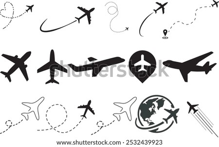 Plane collection, black planes for education, flight set, planes silhouette set EPS, A group or collection of aircrafts ideal for grungy, travel, flight, transport, business or commercial designs 