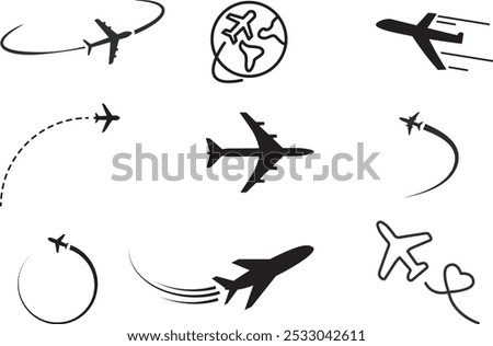 set of black airplane icons,travel symbols, Plane icon set. Flight transport symbol. Airplane icon vector. Travel flat illustration. Travel symbol. Vector EPS
