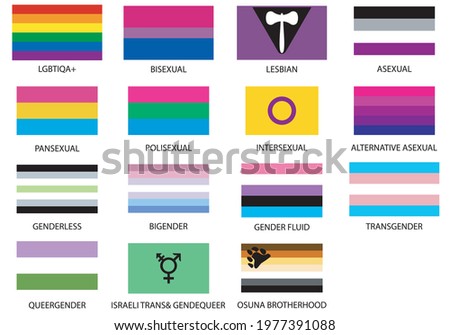 
Flags of the LGTBIQA + groups. Lesbians, flags of gay, transsexual, bisexual, intersex, asexual, mas, plus, pansexual, Israeli transgender, gender fluid and osuna brotherhood in English text