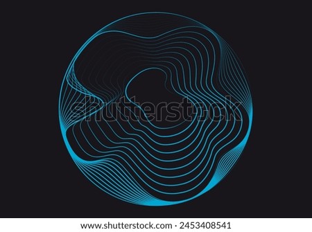 Blue neon circular and warped mesh background on black background.