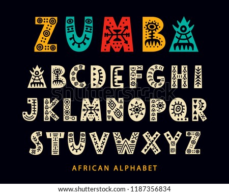 Vector Hand drawn African Tribal Font. Folk Scandinavian Script. English Ethnic Alphabet. Decorative ABC Letters Set. Typeface Design.