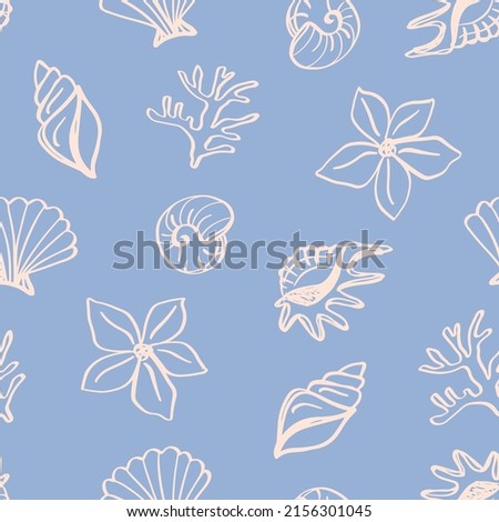 Sea shell seamless pattern. Seashell repeat texture background. Hand drawn sketches on blue. Summer tropical ocean beach style. Fashion underwater vintage textile fabric design