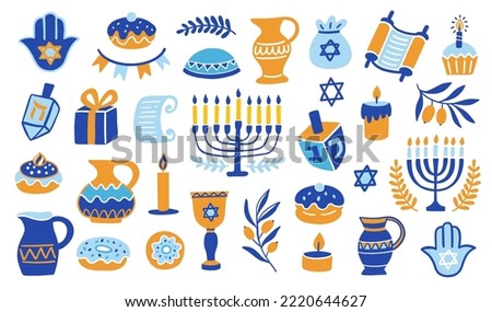 Happy Hanukkah doodle icons elements set. Hand drawn Jewish holiday object signs collection. Cartoon Menorah, Torah scroll, Dreidel, David Star, Hamsa symbols. Vector illustration isolated on white