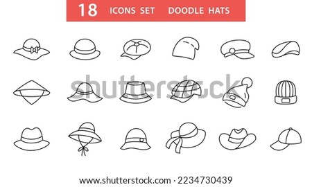 Hat types doodle icons set. Hand drawn different hats isolated. Fashion elegant element trendy collection. Thin line vector illustration. Panama, bucket, boater, trilby, beanie, beret, baseball cap.