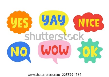 Thought bubbles with handwritten words expressions, comic chat stickers collection. Speech clouds set. Vector illustration. Funky typography design element, retro style messages. Yes, No, Wow, Ok.