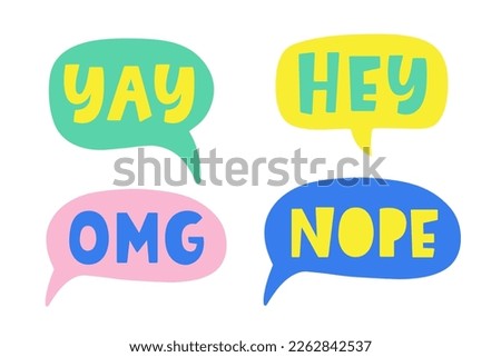 Thought bubbles with handwritten words expressions, comic chat stickers collection. Speech clouds set. Vector illustration. Funky typography design element, retro style messages.