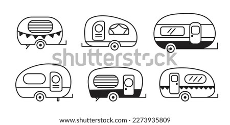 Doodle Camper Vans and trailers set, travel caravans icons collection. Wanderlust tourism, camping adventure concept. Cute trucks transport elements vector illustrations. Retro style car vans isolated