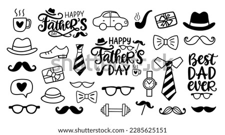 Happy Fathers Day doodles set with hand written lettering and elements. Cute typography design collection for poster, paper decor, banner, tie bow, gift card. Retro vintage style. Vector illustration