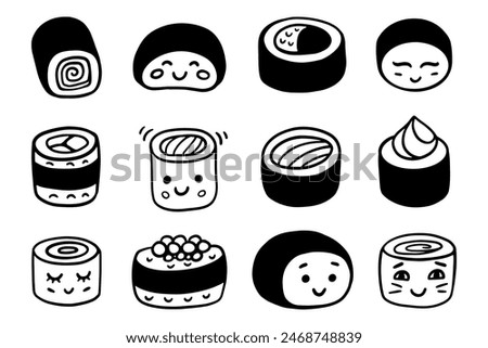 Sushi with funny faces. Japanese Food Doodle Sketch Icons Set. Kawaii drawing Vector Illustrations Collection. Hand Drawn Shapes Isolated on White. Retro Style Design Elements.