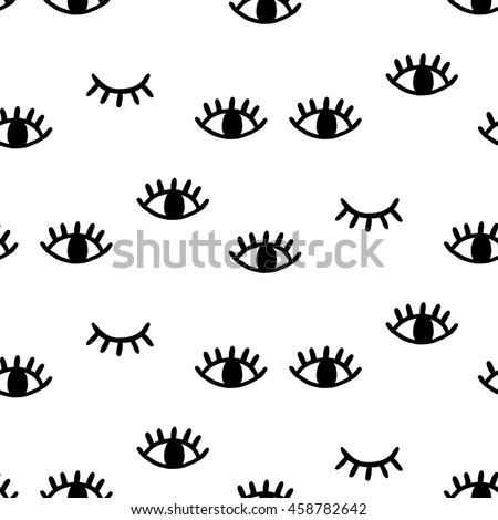 Eye seamless pattern. Vector hand drawn wink, open, close eyes with lash background, isolated on white
