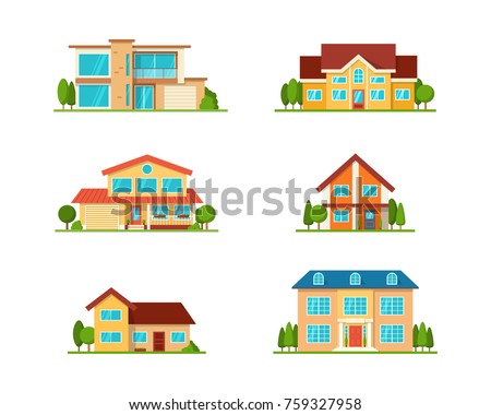 Vector House. Set of Modern Flat townhouse, cottage home, front view with terrace, roof, isolated on white. Real Estate element collection.