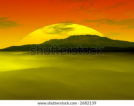 Sun setting behind a canyon hill with fog rolling in, render.
