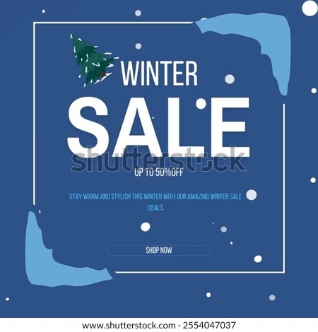  winter sale advertisement with deep navy-blue background and white winter sale text and ”UP TO 50% OFF” in a smaller font and SHOP NOW in a rectangular button and square box shape adding all of these