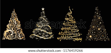 set of gold vector stylized Christmas tree on black background