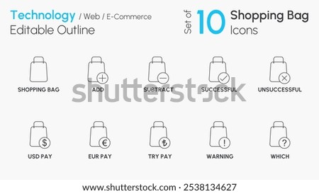 Shopping bag icon set. Fully editable set of 10 shopping bag icons. Shopping bag search icon set. Shopping bag icons.