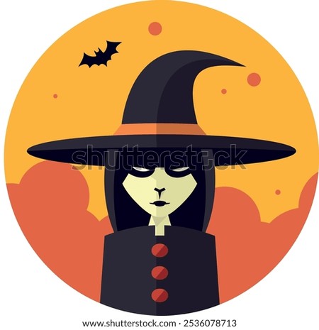 Image vectorielle d'un portrait d'une sorcière aux couleurs d'halloween de style clip art