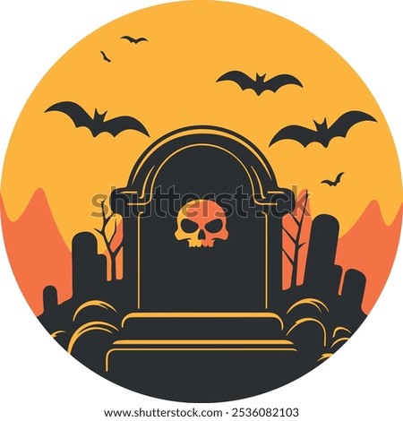 Image vectorielle d'une tombe au milieu d'un cimetière aux couleurs d'halloween et de style clip art