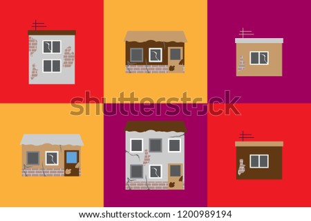 Vector icon ruined poor houses isolated on a red, yellow and violet backgrounds
