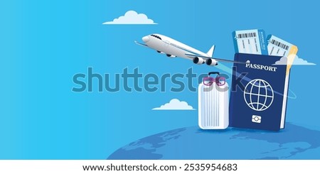 Luggage white, air ticket and passport with airplane is taking off and cloud. Can for making advertising media about tourism. Travel transport concept. vector, illustration