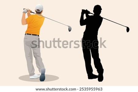 Golfer hit sweeping driver after hitting golf ball isolated on white background. vector, illustration