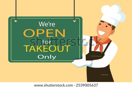  Chef  holding a green signboard written we're open for Take Away Only on red background. business concept