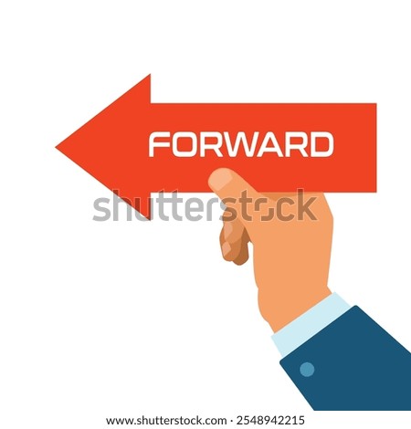  man's hand holds a large red arrow with forward text. Isolated on a white background. vector,illustration