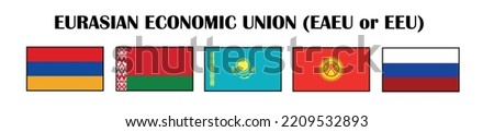 Eurasian Economic Union (EAEU or EEU), economic union of some post-Soviet states located in Eurasia, Armenia, Belarus, Kazakhstan, Kyrgystan, Russia, flags