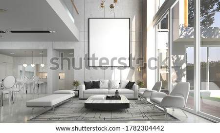 Modern luxury beautiful mock up scene of living room interior design and pattern wall background and picture frame and dining room and pantry area/3D rendering