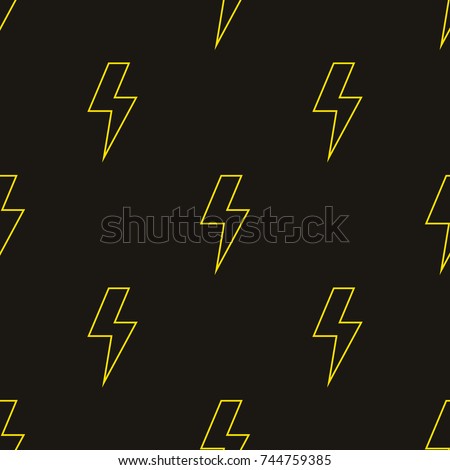 Yellow lightning bolt outline on dark brown background. Seamless pattern. Vector illustration.