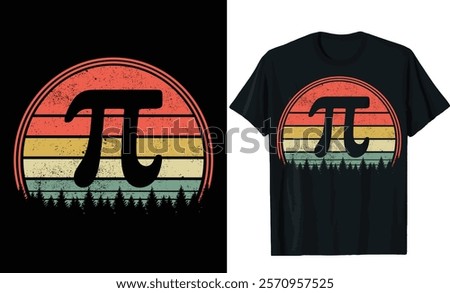 Retro Sunset Pi Symbol T-Shirt Design with Pine Trees