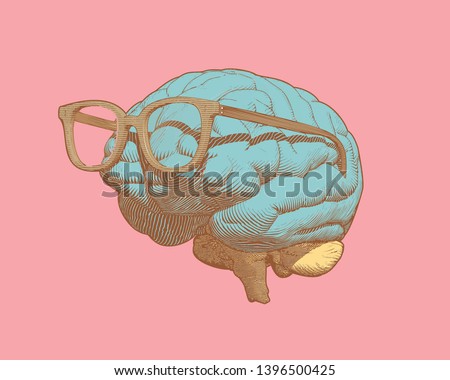 Pastel retro pop art engraving human brain with eye glasses illustration in side view isolated on pastel pink background