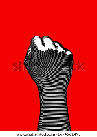Monochrome vintage engraved drawing back hand fist gesture vector illustration dark woodcut style isolated on red background