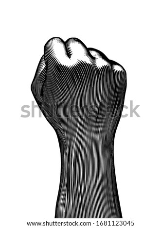 Monochrome vintage engraved drawing back hand fist gesture vector illustration dark woodcut style isolated on white background