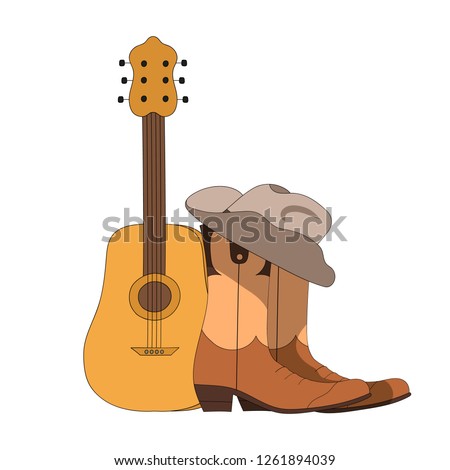 Country music festival concept. Vector isolated elements. Live, jazz concert poster with acoustic guitar, cowboy boots and hat.