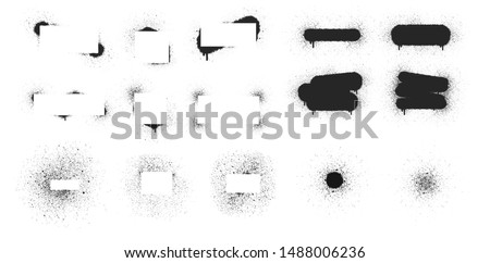 Set of hand drawn spray paint frames and text banners. Airbrush ink dot box. Grunge background. Vector isolated illustration. 