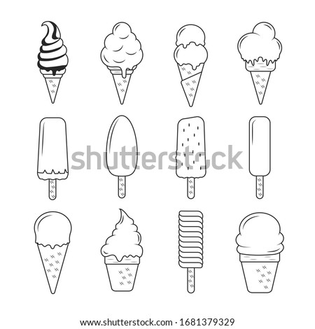 Summer ice cream set in outline. Dessert elements. Juicy icons.