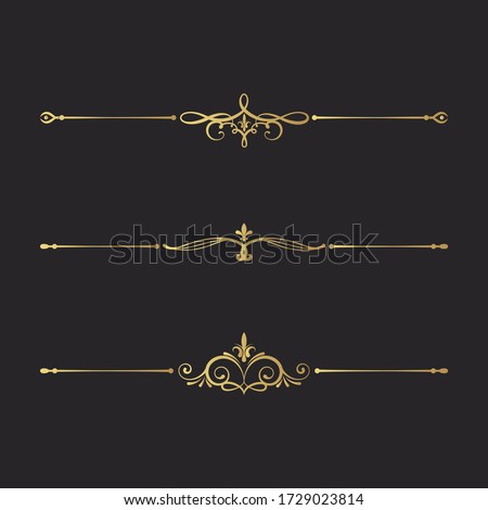 Hand drawn golden filigree dividers. Ornate swirl borders.  Vector isolated gold fancy separators. Classic wedding invitation calligraphic lines.