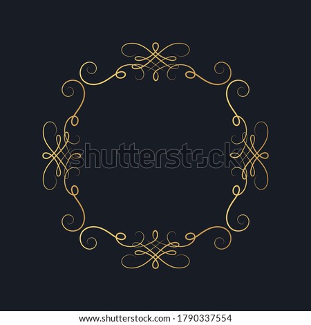 Hand drawn golden ornate square swirl border in vignette style. Vector isolated vintage certificate frame.  Calligraphic gold scrolls for invitation card.