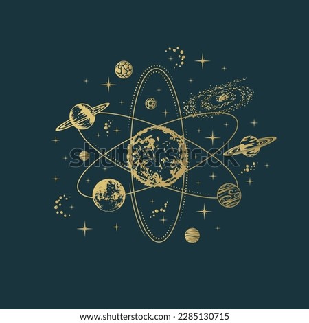 Golden celestial planets, solar system, galaxy and stars. Hand drawn mystical vector illustration isolated on black background for poster, card, t-shirt design.