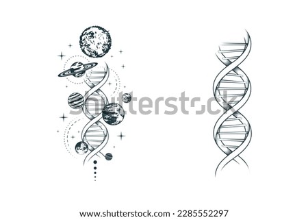 Celestial space composition with planets, stars and dna. Two mystical hand drawn vector illustration isolated on white background for greeting card, tattoo and poster.
