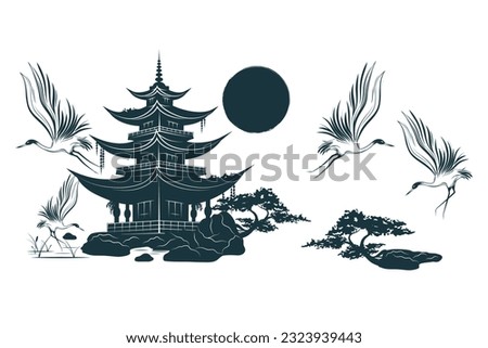 Temple, crane and bonsai tree under the sun. Japanese art for t-shirt, tattoo, print and stickers. Hand drawn vector illustration isolated on white background.