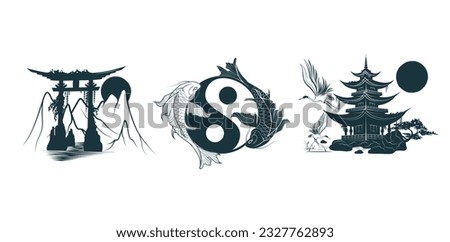 Torii gate, temple and Yin Yang koi fish. Japanese art for t-shirts, tattoos, prints and stickers. Three hand drawn vector illustrations isolated on white background.