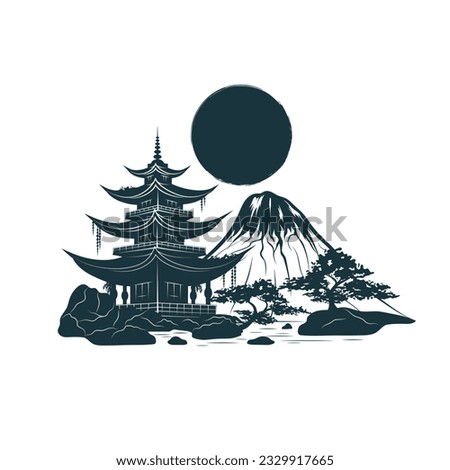 Japanese temple, bonsai tree, sun and mountains. Hand drawn vector illustration isolated on white background for t-shirt, print, tattoo and stickers