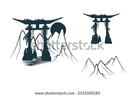 Torii gate with mountains and sun in the background. Japanese art for t-shirt, tattoo, print and stickers. Hand drawn vector illustration isolated on white background.