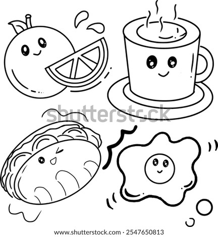 Adorable kawaii-style breakfast foods, including a coffee cup, orange, pastry, and egg, with charming expressions. Perfect for playful designs, children's illustrations, and food-themed projects.