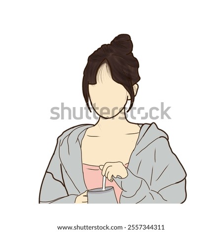 A faceless digital artwork of a woman wearing a casual hoodie while holding a mug, giving a relaxing and leisurely vibe.