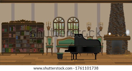 beautiful royal antique-style living room interior with piano and fireplace. living room interior.