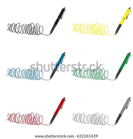 A large set of icons of colored ballpoint pens with colored lines, scribbles.