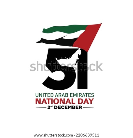 51 National Day of United Arab Emirates. Text Arabic Translation: Our National Day. December 2. UAE map symbol. Vector Logo. Eps 08. 